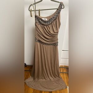 Moda Taupe Maxi Dress with Metallic Eyelet Trim lots of stretch L/XL